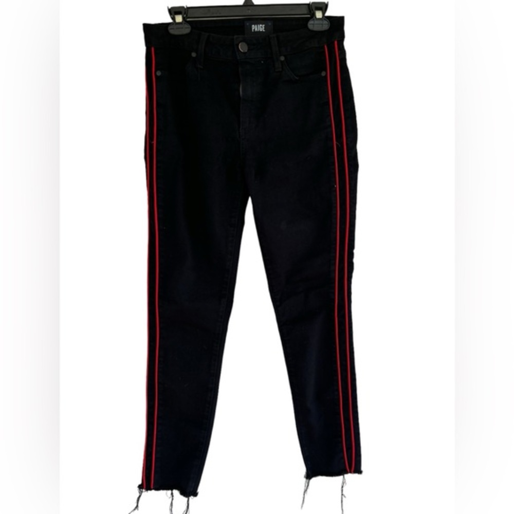 Paige Women's Black Skinny Jeans w/‎ Red Stripes Raw Hem Size 29